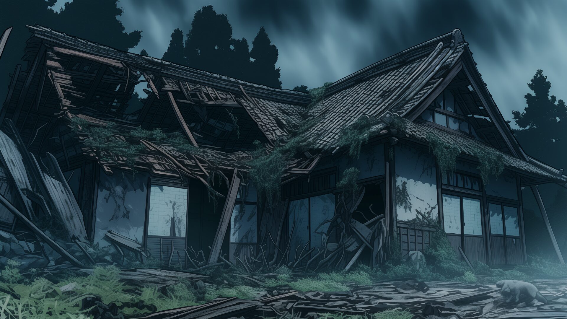 屋根の大部分が崩れ落ち、自然に侵食された蔵が描かれた外観シーン。草に埋もれた通路や建物の奥行きが、幻想的かつ不気味な雰囲気を醸し出している。ホラーやサスペンス系に最適なフリー背景素材。