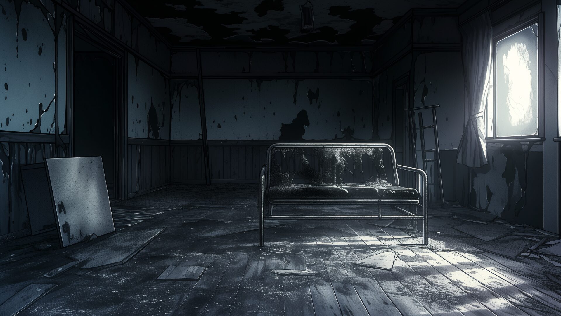 長年放置された部屋には、朽ちたソファと崩れた家具が散乱している。壁には黒いシミが広がり、かつての生活の痕跡が静かに残る。ミステリーやサスペンスTRPGに活用できるフリー背景画像。