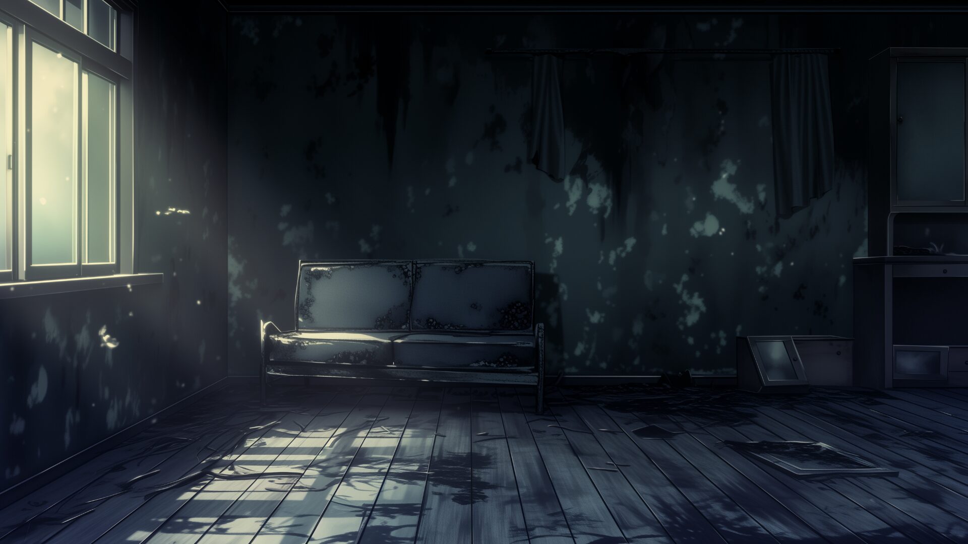 かつて誰かが暮らしていたはずの部屋は、今や荒廃し、黒ずんだ壁と崩れた床が不安を掻き立てる。寂れたソファが残るこの空間は、ホラーやミステリーTRPGのシーン演出に役立つフリー背景素材。