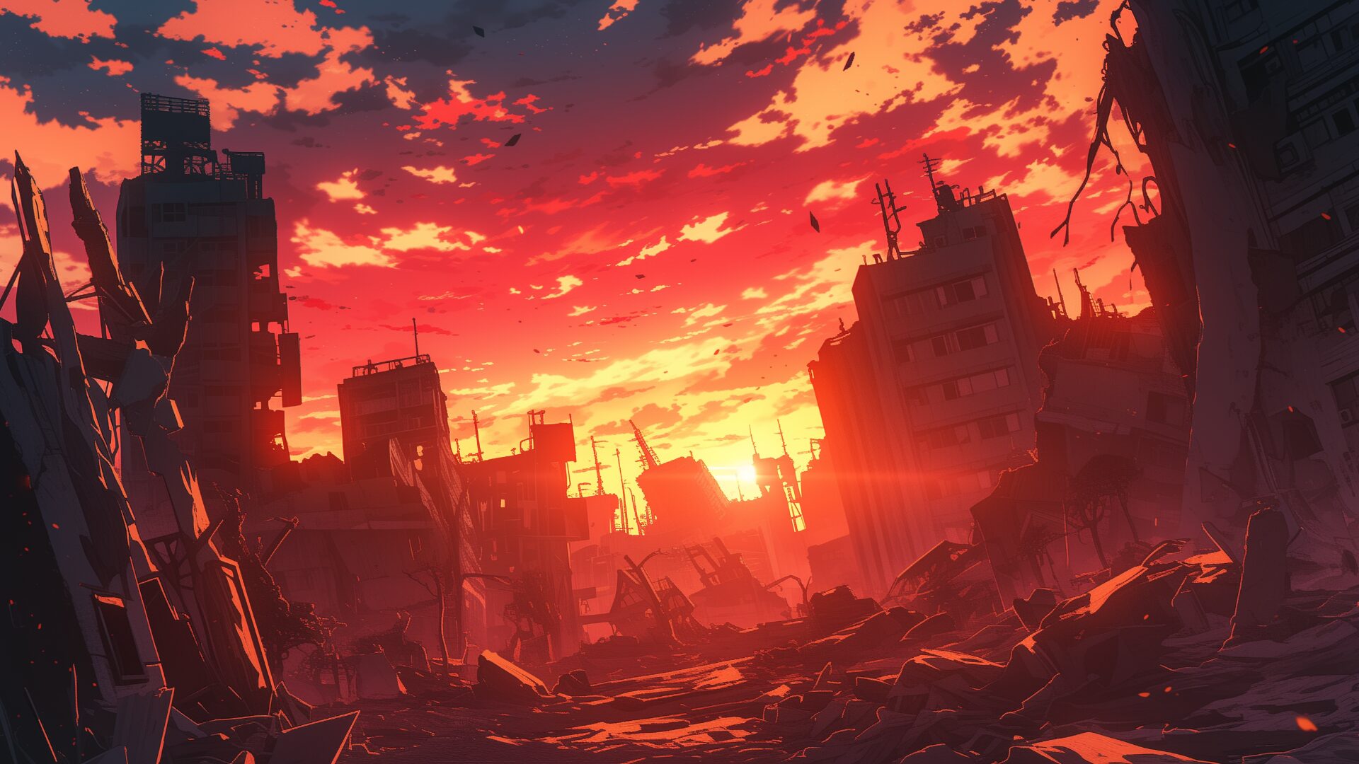 赤い夕陽に染まる崩壊した都市の景色。廃墟と化したビル群と瓦礫が、ポストアポカリプスの世界観を際立たせる。サバイバルホラーやTRPGの終末世界が舞台のシナリオに適したフリー背景イラスト。