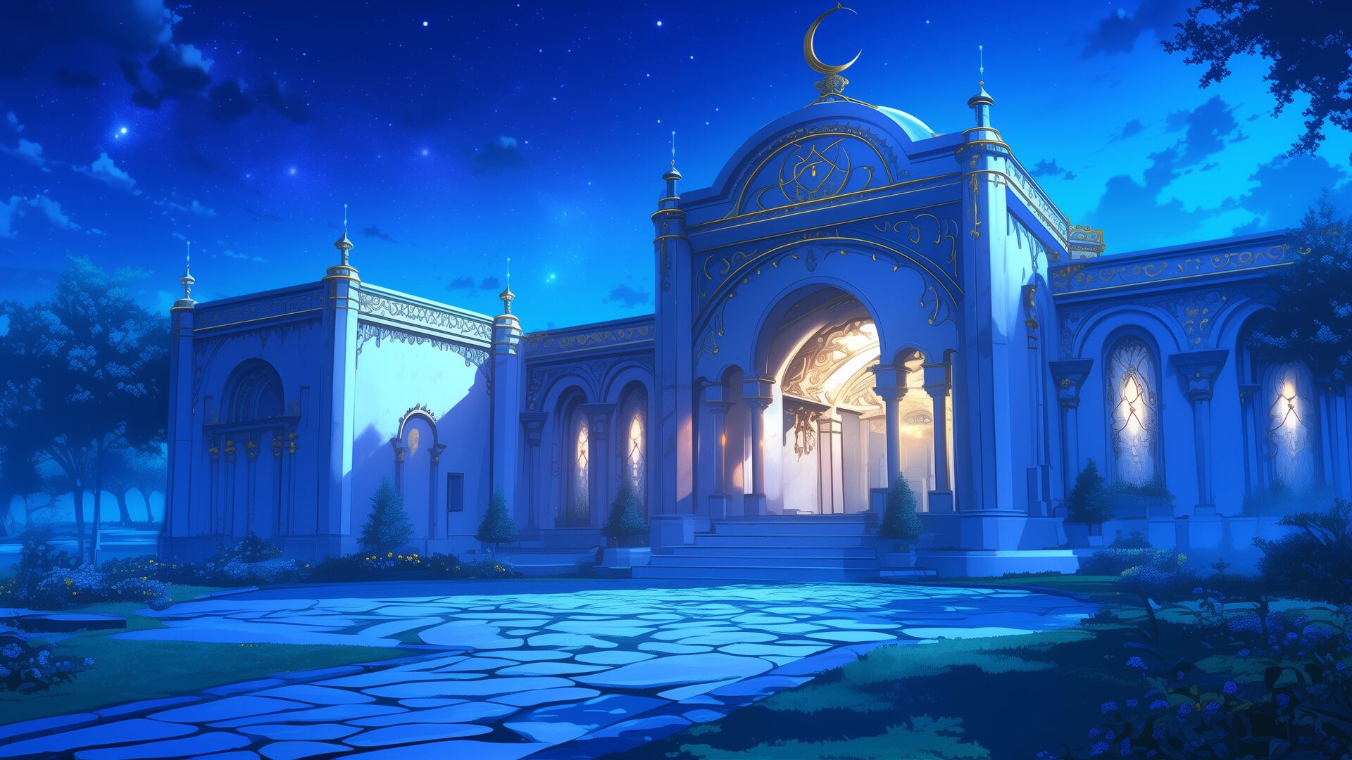 神聖な装飾が施された白亜の寮が、夜空の下で幻想的に輝いている。金の縁取りと月のシンボルが荘厳な雰囲気を演出し、建物全体から静かな気品が漂う。神殿のような外観は、聖騎士団が登場するファンタジーや古代の遺跡探索をテーマにしたTRPGシナリオに適した背景画像。
