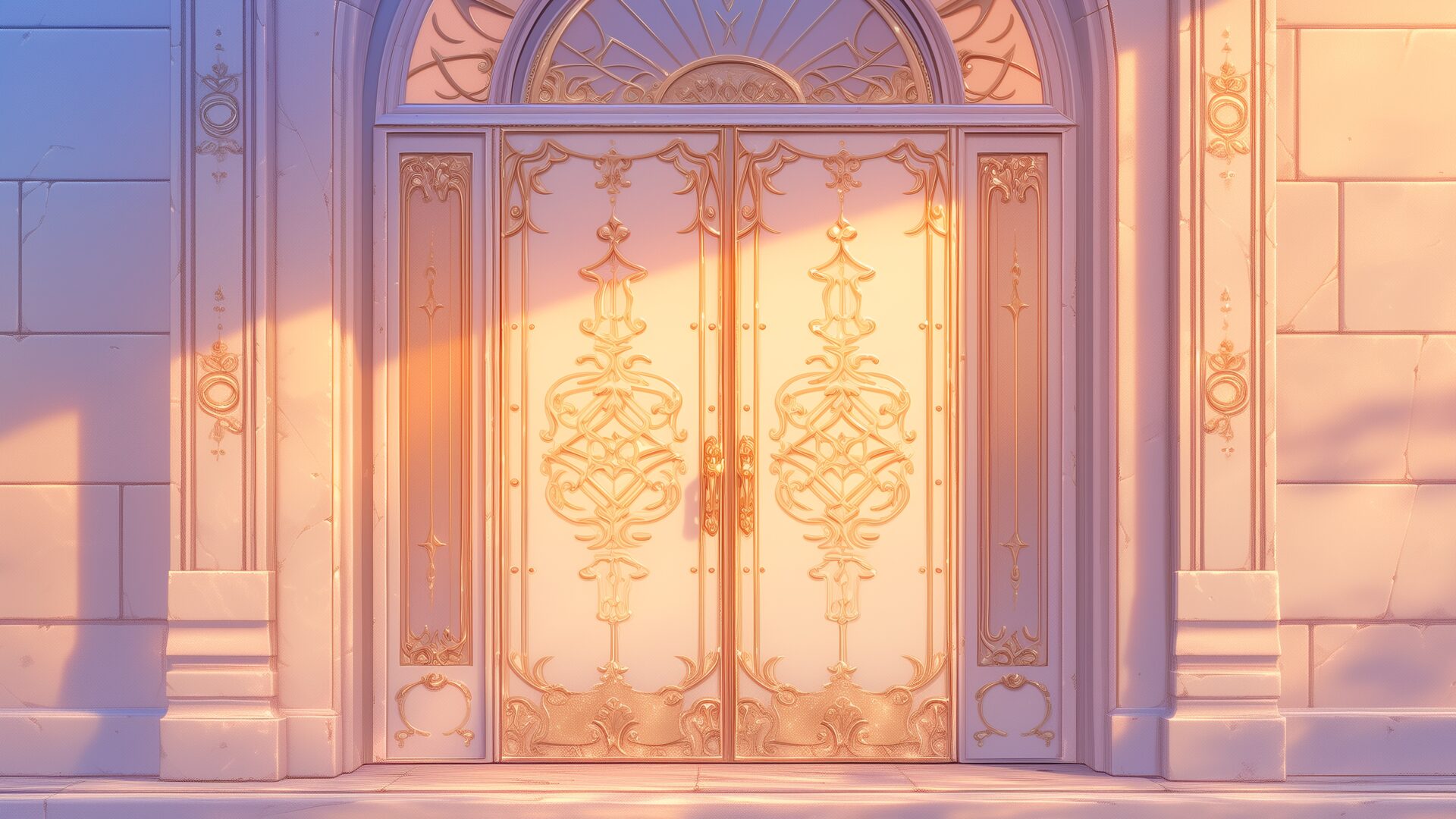 優雅な装飾が施された白い扉に、柔らかな夕陽の光が差し込む幻想的な風景。ドア全体に光の文様が浮かび上がり、神聖な印象を与える。光の魔法や祝祭的なTRPGシナリオに適した背景素材。