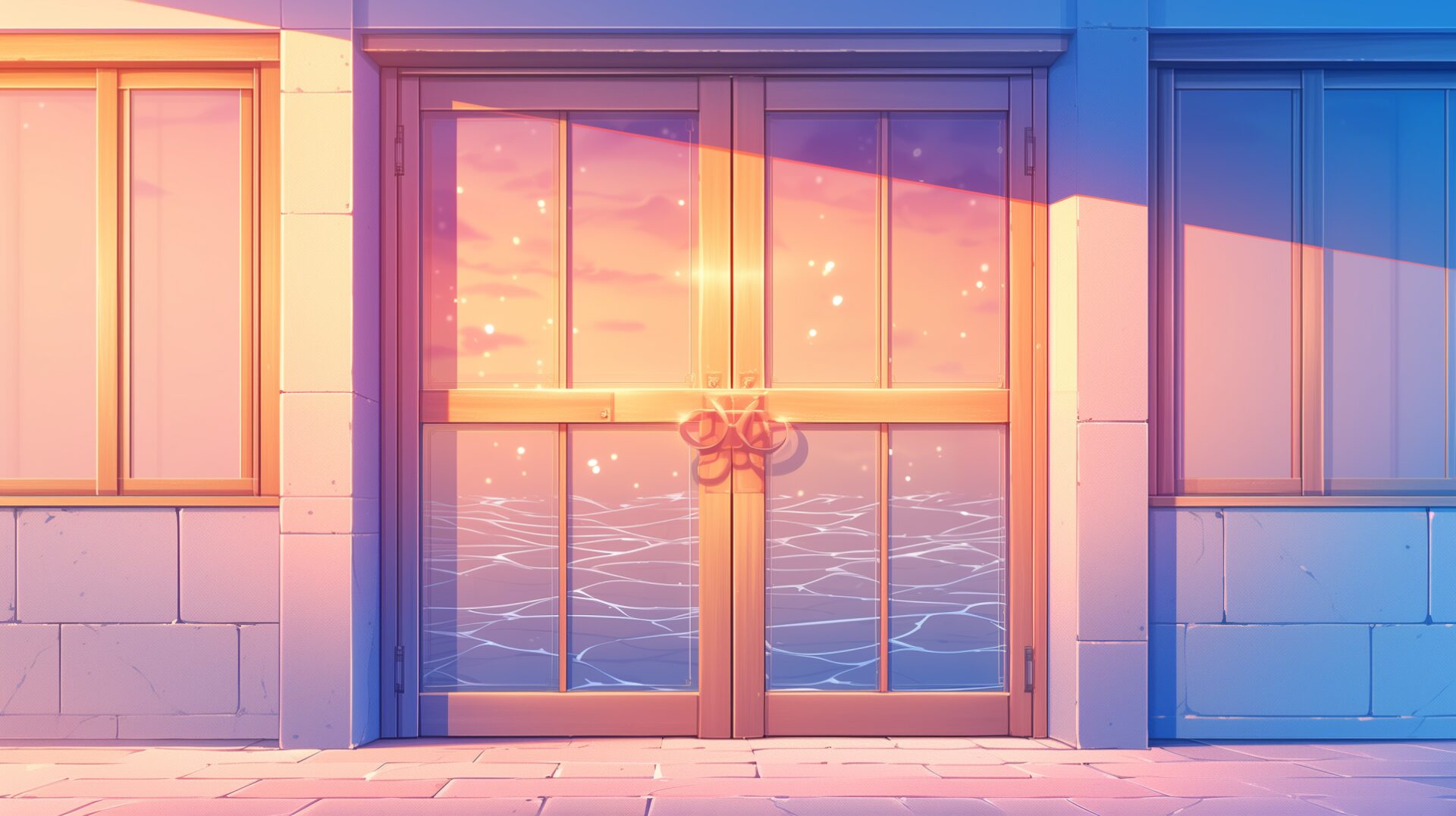 窓と一体化した扉の向こうには水面のような模様が広がり、夕焼け空が反射して温かな雰囲気を醸し出す。整った外観と幾何学的な構図が特徴的。学園施設やリゾート型の建物に適したTRPG用フリー背景画像。