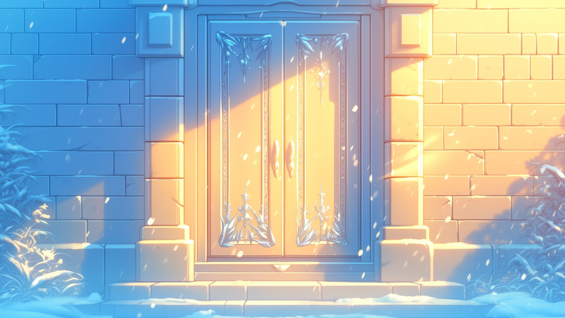 雪に覆われた石造りの建物の扉が、夕焼けに照らされて淡い光を放つ静かな構図。氷の装飾が特徴的で、冬の寮や氷属性の施設を連想させる。雪山の探索や氷の魔法が絡むシナリオにぴったりのフリー背景素材。