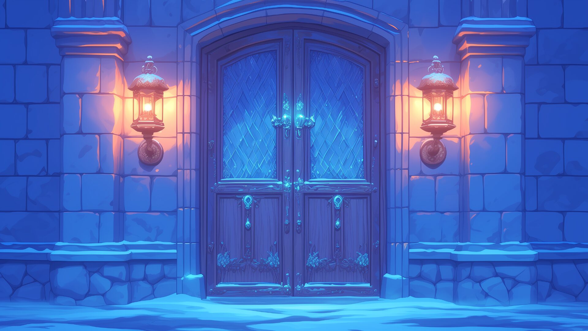 積雪の中に佇む、厚みのある木製の寮の扉。凍てついた取っ手や装飾、左右のランプが幻想的な空間を演出している。雪に覆われた魔法校舎や封印された研究棟の演出に適した、TRPG向けのフリー背景素材。