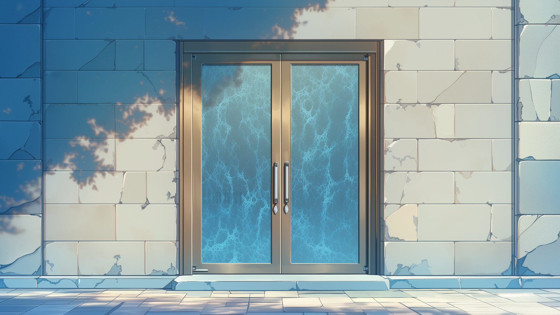 青みがかったレンガ調の壁に、幻想的な水の文様が浮かぶガラス扉。光と影が織り成すコントラストが美しく、静謐な印象を与えます。魔法寮や研究棟を舞台にしたTRPGにおすすめの背景素材。