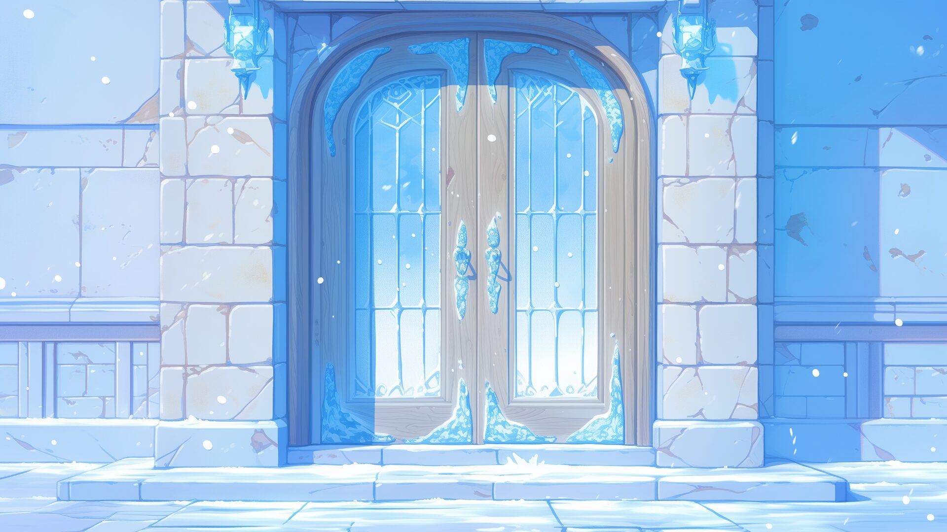 雪が舞う中、凍りついたガラスと木製のフレームが特徴的な扉が静かに佇む。左右のランプやアーチも氷に覆われており、寒冷地の施設らしさが漂います。雪国の魔法学園や氷の館の入口を演出できる背景画像。