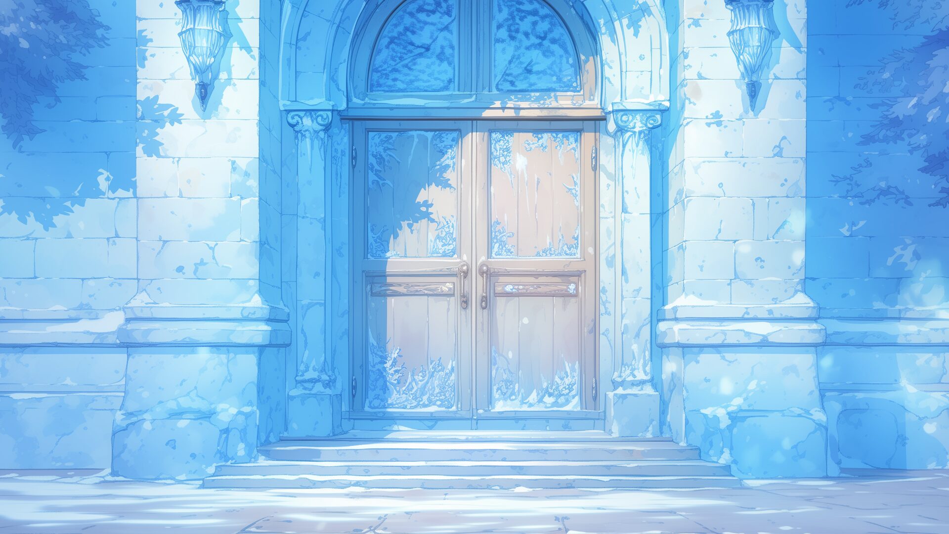 雪景色に包まれた中庭に面した扉。左右に伸びるつたや凍ったランプ、雪が降り積もる足元が、静謐な空気を漂わせています。雪の学園施設や冬の儀式の入口などに使えるシナリオ用背景。