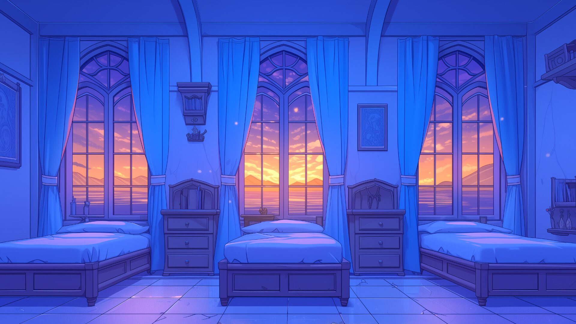 夕暮れの海を望む静かな寮の一室。窓から差す夕陽が床にやさしい光を落とし、青を基調としたインテリアが涼しげな印象。魔法学園や儚さを演出したいTRPGに使える背景画像。