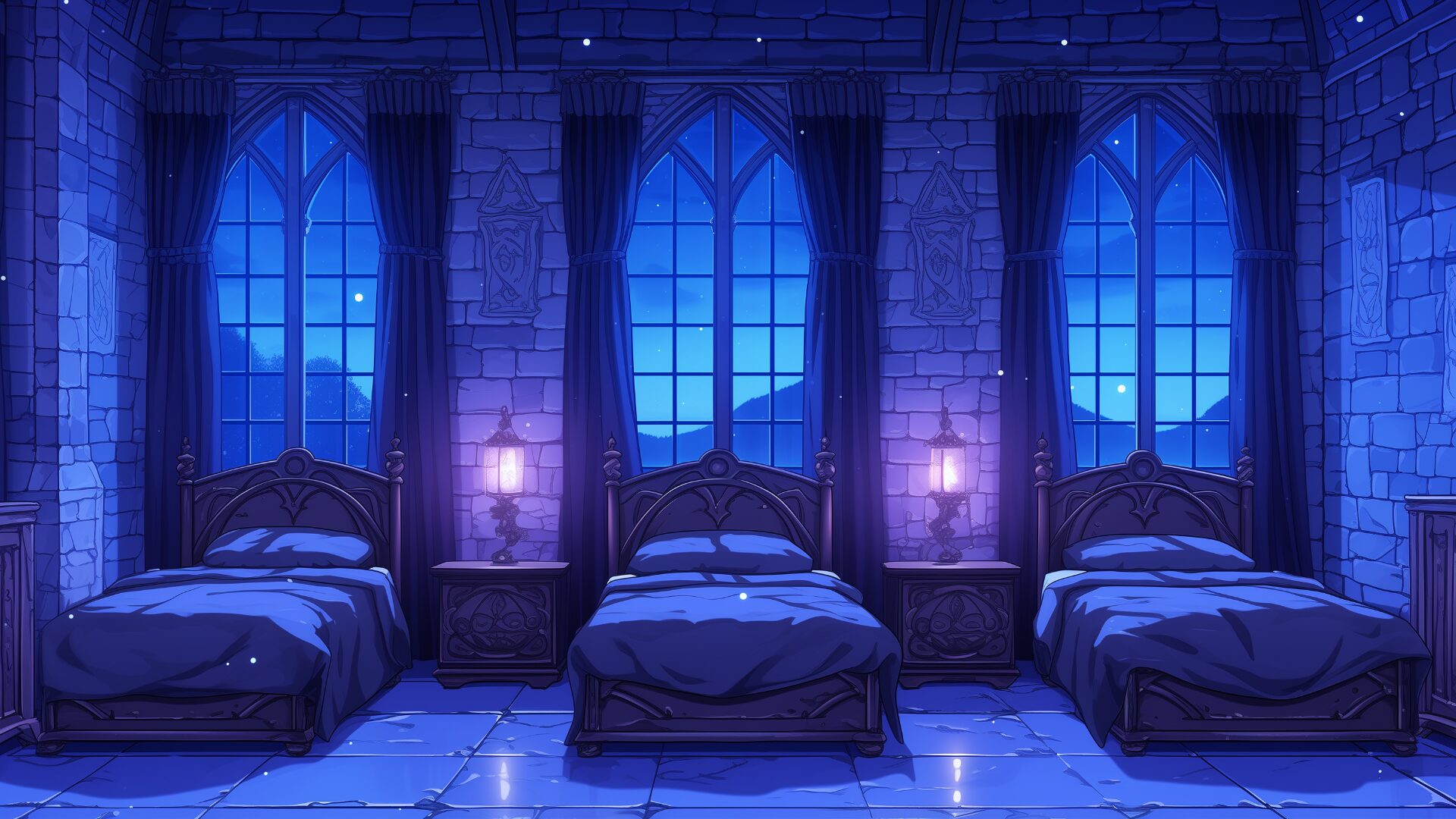 中世風の石造りの部屋に、冷たい月光が差し込む幻想的な寮の夜景。ベッドのそばには紫色のランプが配されている。神秘的で静寂な空間を描いたフリーのTRPG向け背景素材。