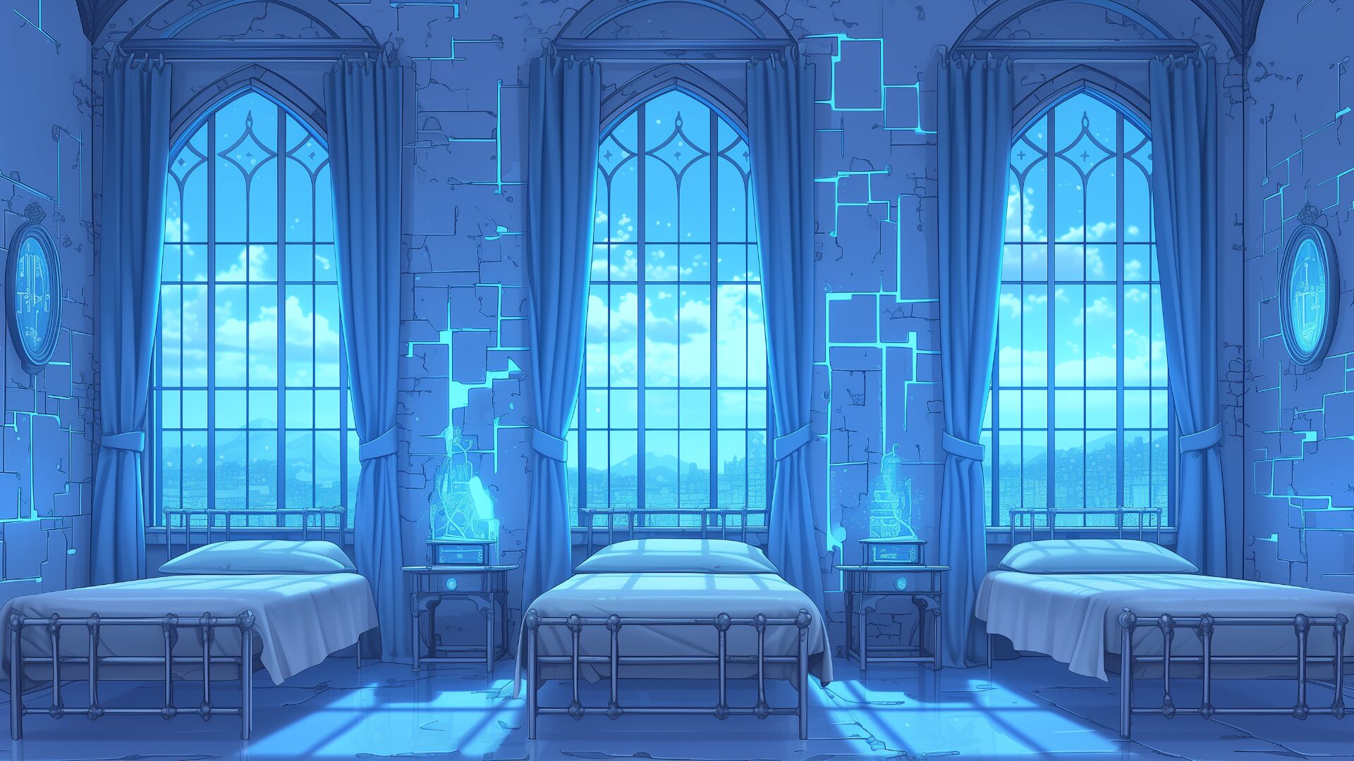 崩れた壁と魔導装置が置かれた部屋。魔力の結晶が光を放ち、研究と生活が一体化した雷属性の寮の様子を表現している。魔導学院や錬金術をテーマにしたTRPGでの使用に最適な背景画像。
