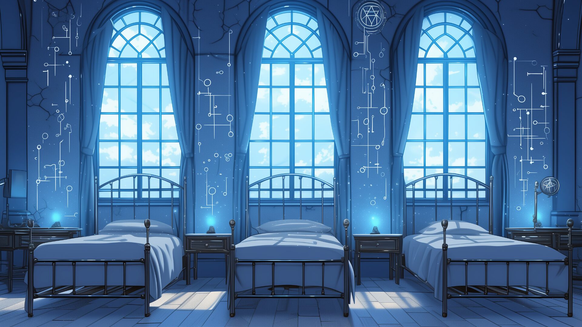 壁に刻まれた幾何学模様が魔術回路のように光る三人部屋。空の広がる窓辺と整った家具が調和し、理知的かつ神秘的な空間を演出。未来系魔法学園や遺物を巡るTRPGセッションに適した背景素材。