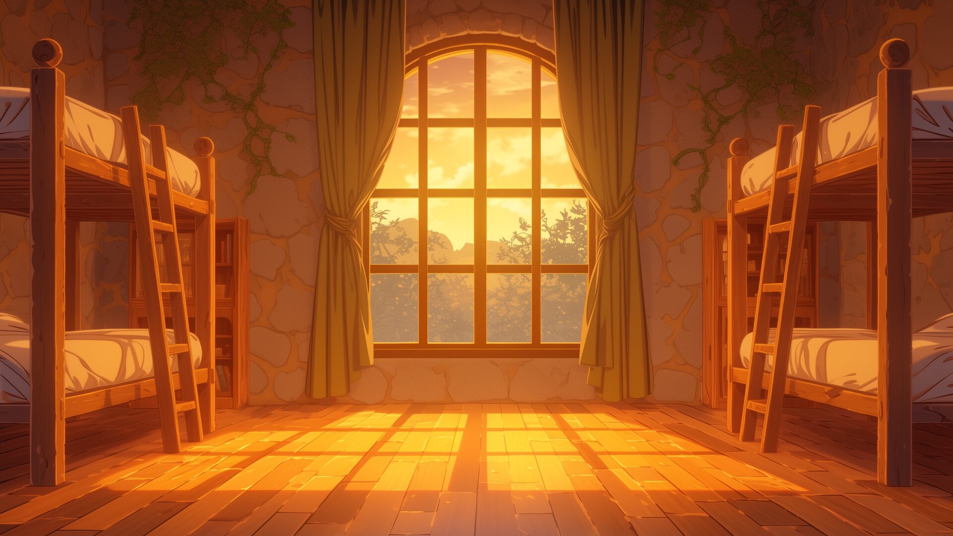 柔らかな夕日が石壁の窓から差し込み、木の床に影を落とす幻想的な寮の一室。 家具の配置や自然の要素が温かく調和し、安心感を感じさせる空間。 仲間との会話シーンやTRPGの宿泊イベントに適した背景素材です。
