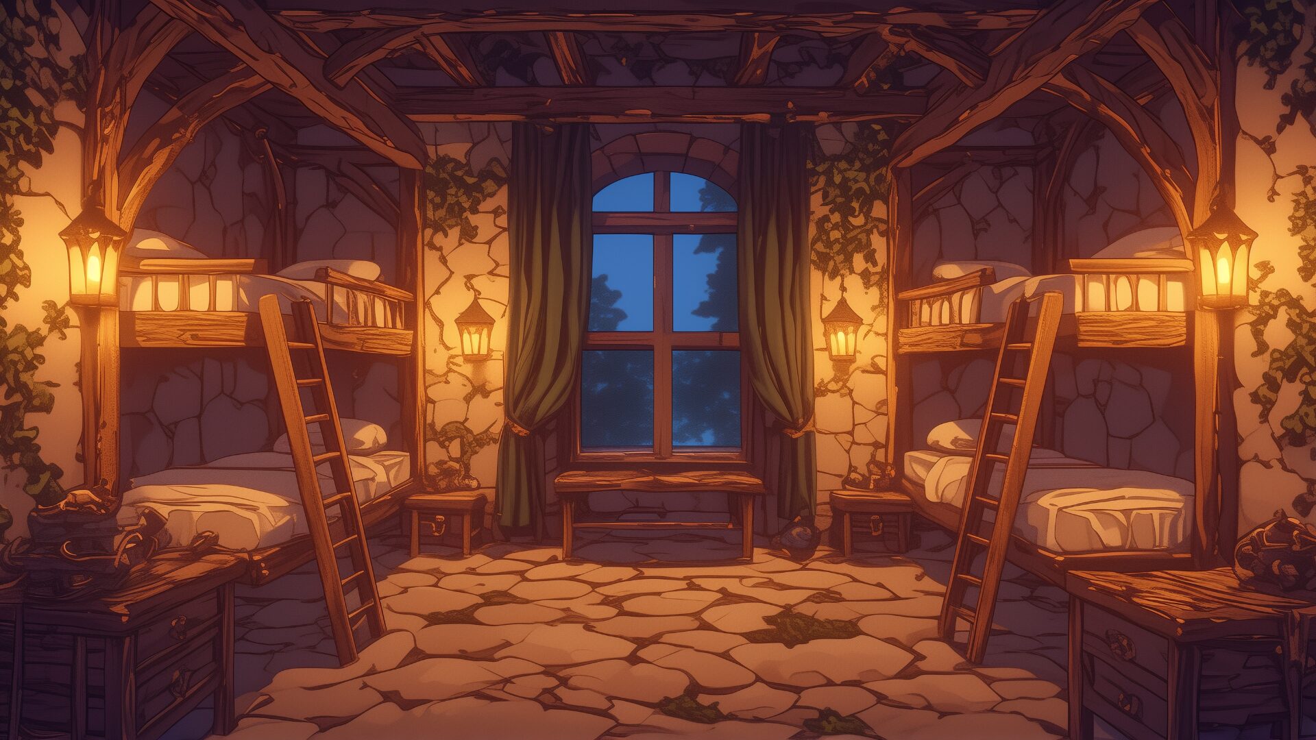 壁に這う蔦と石造りの構造が自然の力を感じさせる夜の部屋。木のベッドと小さなランプが調和し、落ち着いた空気を漂わせている。自然と共存する学派や地属性の魔術寮が登場するTRPGに使えるフリー背景画像。