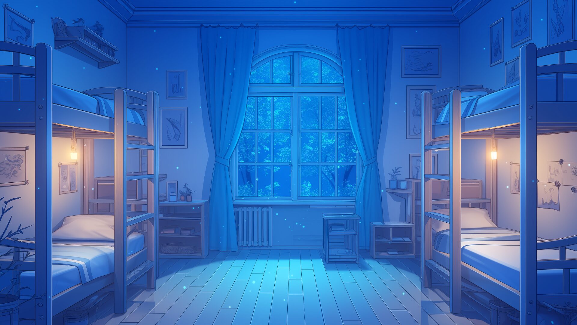 柔らかな光と水色のカーテンに包まれた、静かな夜の学生寮。外には青く輝く木々が広がり、部屋には植物や本が置かれています。TRPGの魔法学園の夜のシーンや、秘密の打ち合わせが行われる空間として活用できるフリー背景素材です。