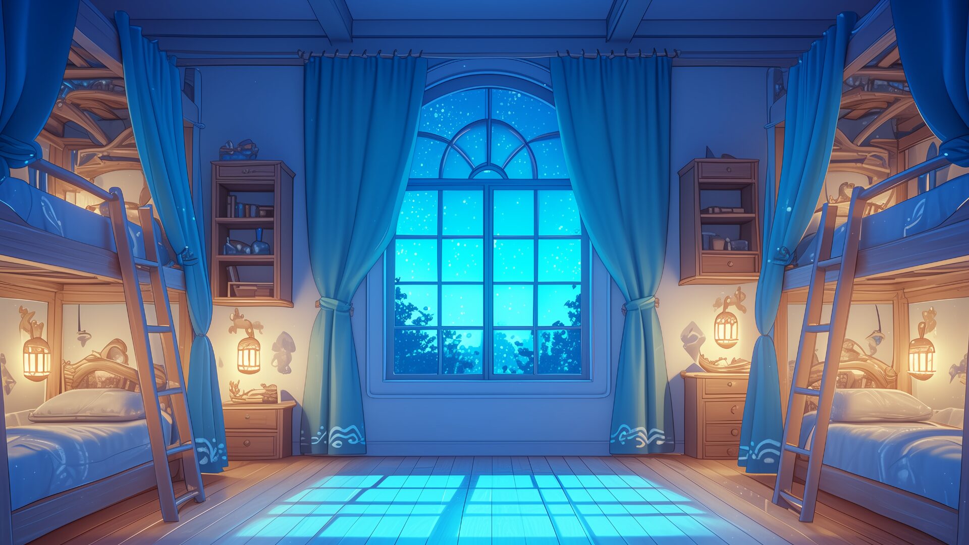 青く澄んだ夜空と星の光が差し込む、水の魔法をテーマにした学生寮。カーテンや家具に波模様の装飾が施され、神秘的な演出が際立っています。TRPGに登場する水属性の魔法寮や、夜の静寂な会話シーンにぴったりのフリー背景素材です。