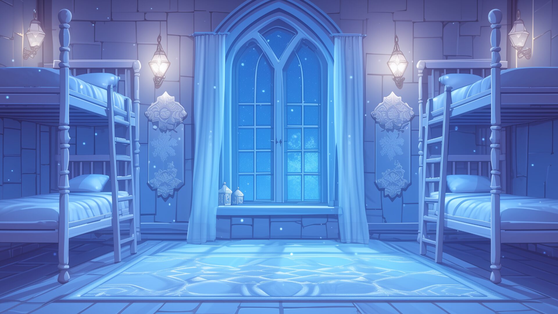 薄く積もった雪を思わせる絨毯と、シンメトリーに配置されたベッドが整然と並ぶ清冽な寮室。照明の温もりが冷たい空間に優しさを添える。 氷をモチーフとしたTRPGの宿泊所や、儚い雰囲気の冬の演出に向いた背景画像です。