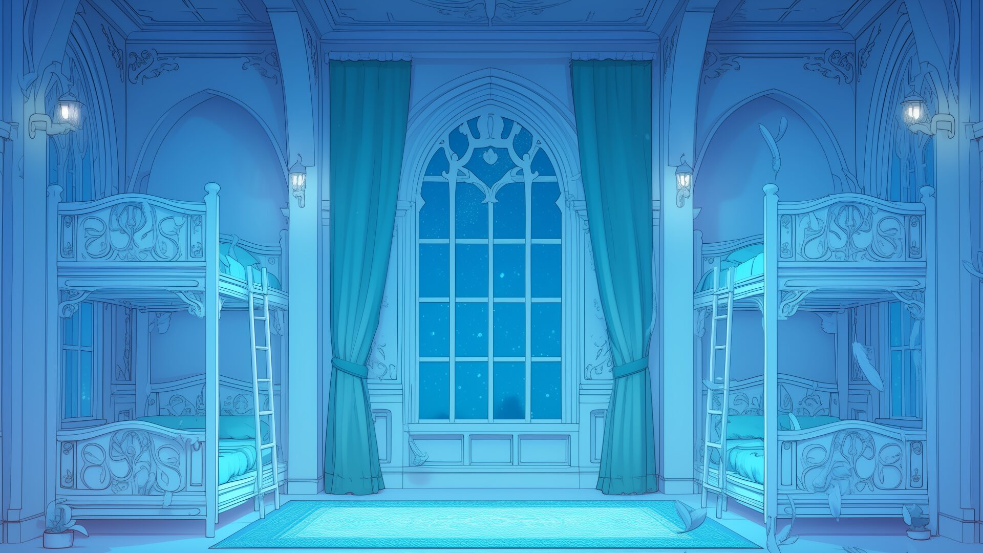 曲線的な装飾が印象的なベッドフレームと、風に揺れるカーテンが美しい寮の夜の光景。窓の向こうには満天の星が広がり、幻想的な雰囲気を醸しています。儚さや希望をテーマにしたシーンに適した、TRPG向けのフリー背景素材。