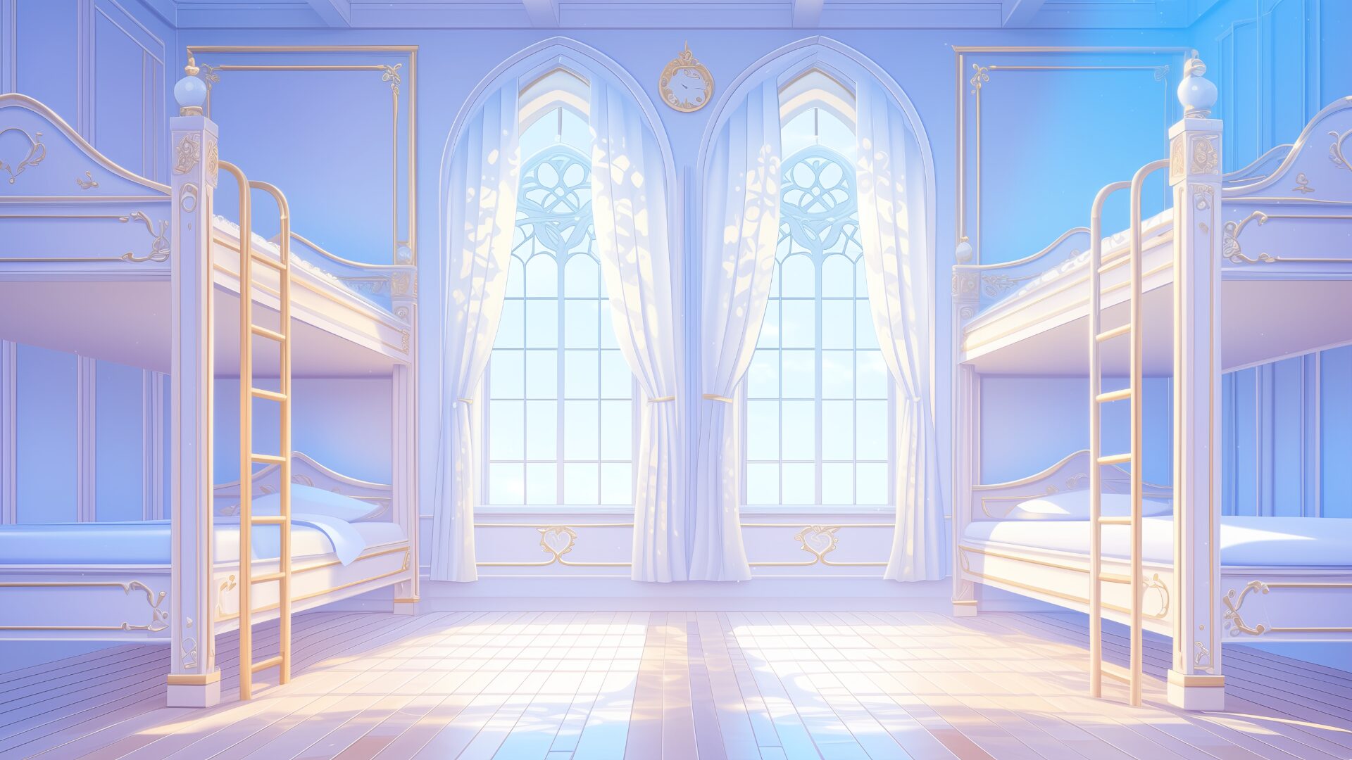 壁と家具に繊細な曲線装飾があしらわれた、幻想的で光に満ちた寮の部屋。大きな窓から差し込む陽光が床に美しい模様を描いています。聖域や魔法学校の寮として登場させたいTRPGの場面に最適なシナリオ向け背景。