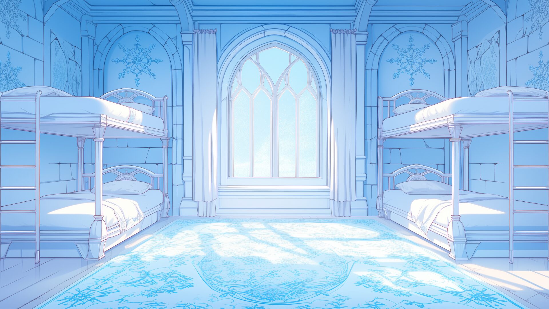 石造りの壁に雪の結晶の壁飾りが並ぶ、氷の魔力を感じさせる寮の内部。清冽な色合いと光のコントラストが幻想的。氷雪エリアの拠点や冷気が漂う魔法都市の学生寮に合う背景画像。