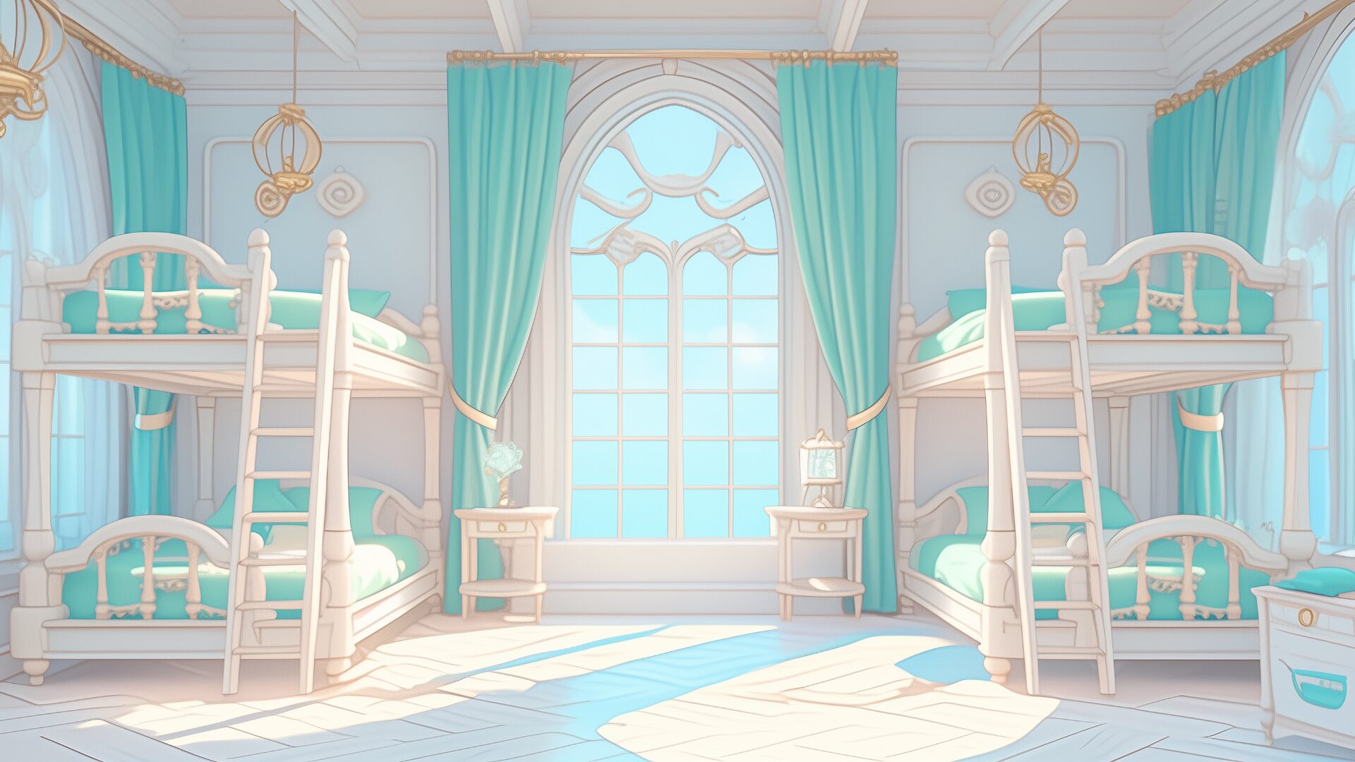 風をイメージさせる緩やかな曲線装飾が壁一面に描かれた、優美な寮部屋。温かみのある床と光沢感あるカーテンが調和し、心地よい静寂が漂う。日常系TRPGから風を司る魔法学園まで幅広く対応できる、上品なフリー背景画像。