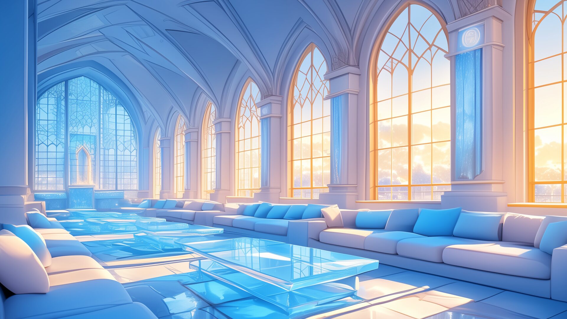氷のような透明な床とソファが並ぶ、幻想的なラウンジ。大きなアーチ窓から夕日が差し込み、神聖な雰囲気に満ちている。氷の魔法をテーマにした学園シナリオや、静かな寮での会話劇などに最適なTRPG向けの背景画像。