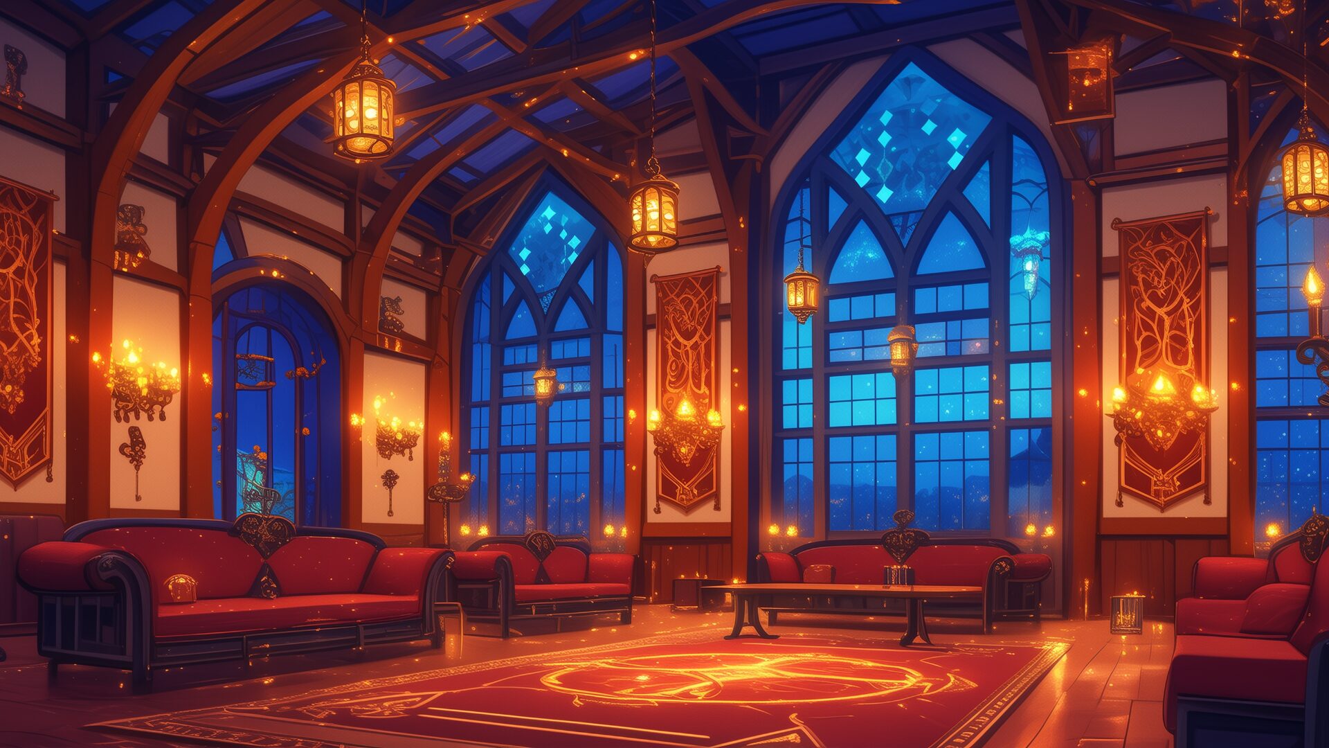 赤を基調としたインテリアに、魔法陣が描かれたカーペットが敷かれた空間。灯りが室内を幻想的に照らしている。異能バトルや魔術結社の集会シーンに活用しやすい背景素材です。