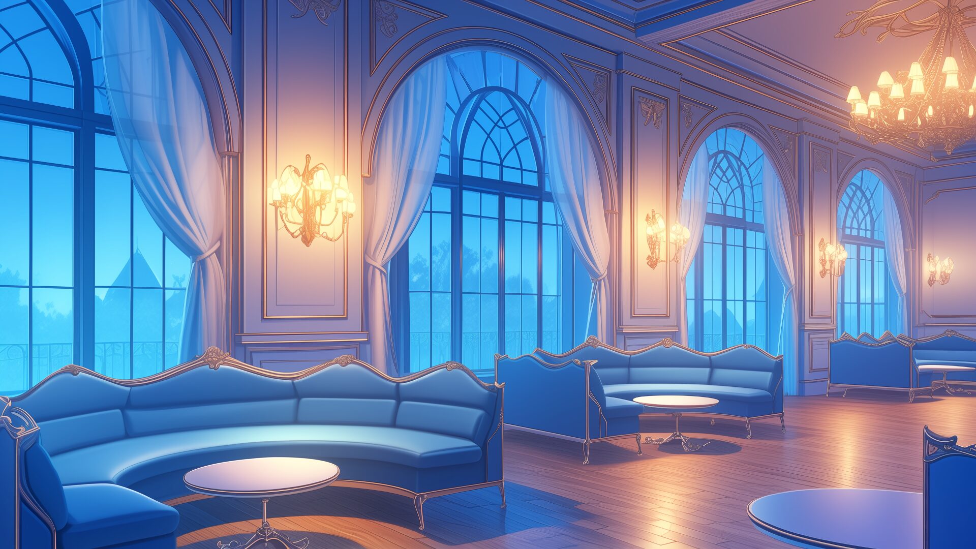 曲線を描くクラシックなソファと淡い光に包まれた広々としたラウンジ。外には風に揺れる木々と澄んだ夜空が広がり、空気感を大切にした描写が魅力です。幻想世界の寮や社交場のシーンに活用できるフリー背景素材です。