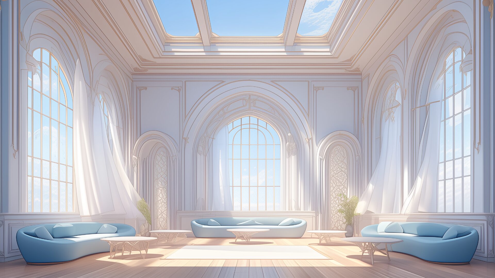 曲線を多用した美しい建築に囲まれた、清楚で明るいラウンジ空間。天窓から差し込む光と風に舞うカーテンが、穏やかで洗練された空気感を生み出している。風の神殿や高位の魔術寮を舞台にしたTRPGにふさわしい背景画像。