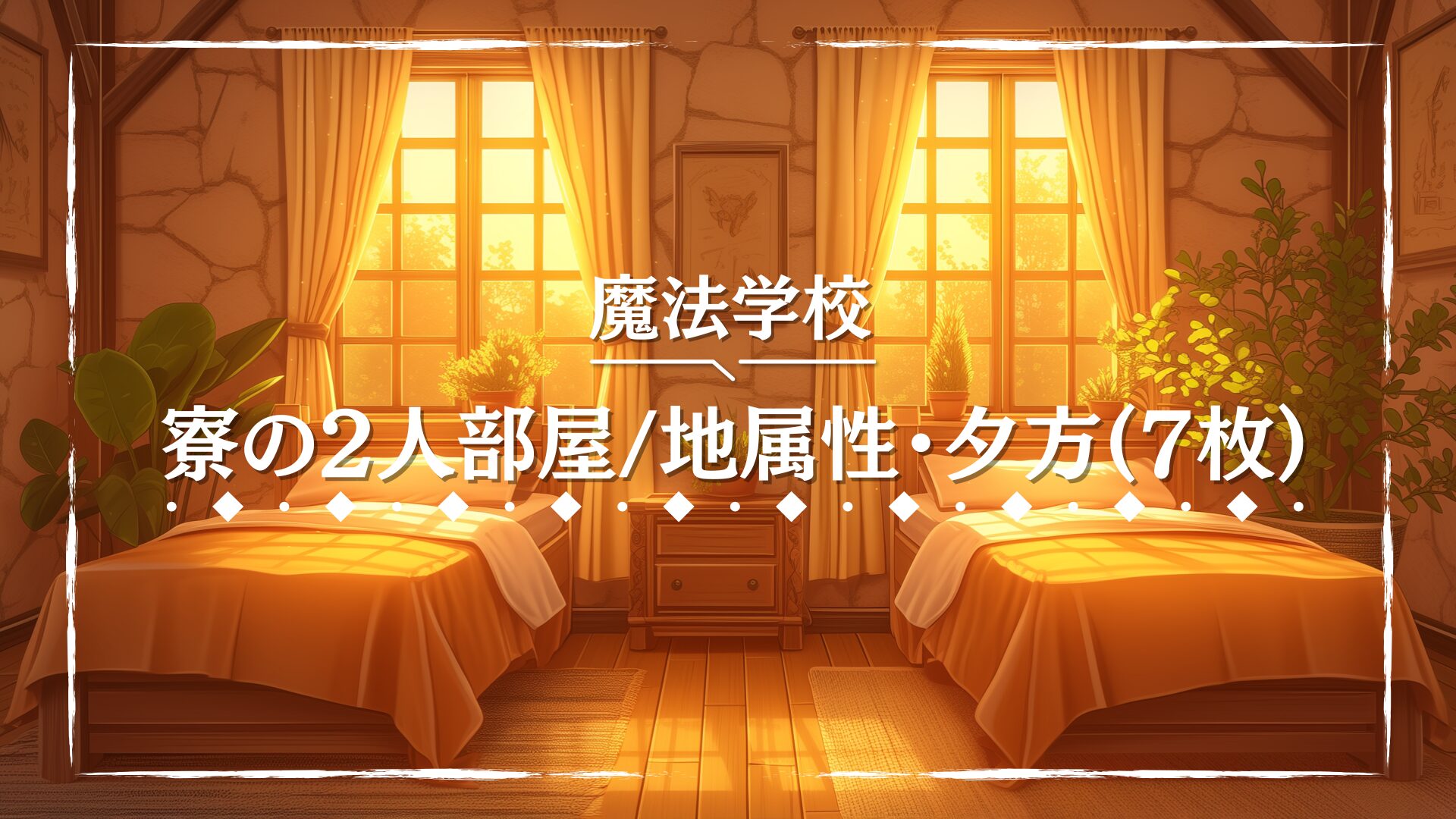 木の温もりを感じる素朴な部屋に、夕陽が差し込む落ち着いた空間。観葉植物や石壁が地属性の個性を表現しています。自然との調和を感じる、TRPG向けの寮背景画像。