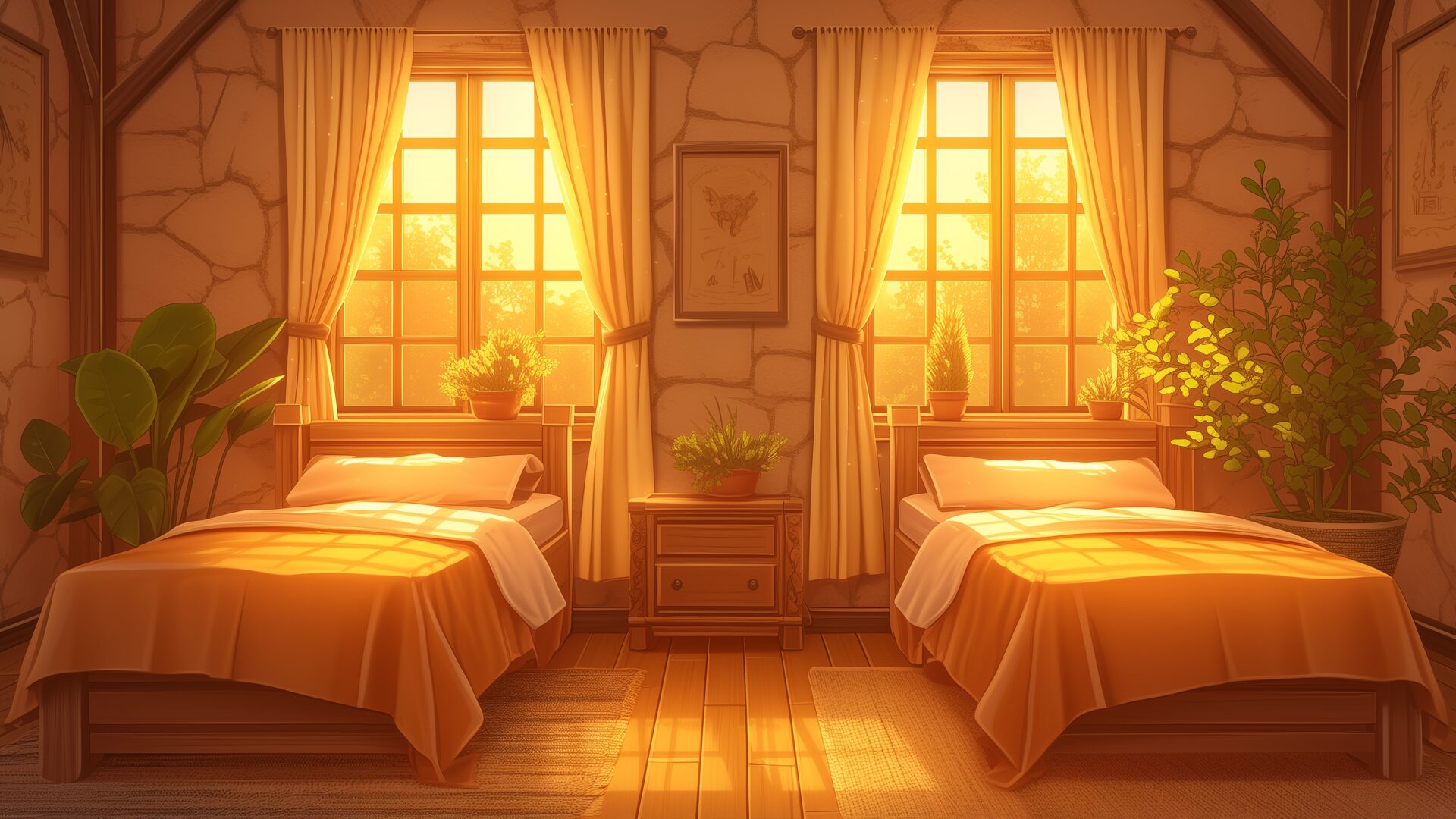 夕日の光が差し込む寮の二人部屋。自然素材の壁と木製ベッドに囲まれ、観葉植物が穏やかに配置されている。温もりのある光が、ファンタジー学園や魔法学校を舞台にしたTRPGのシーンに適した背景画像。