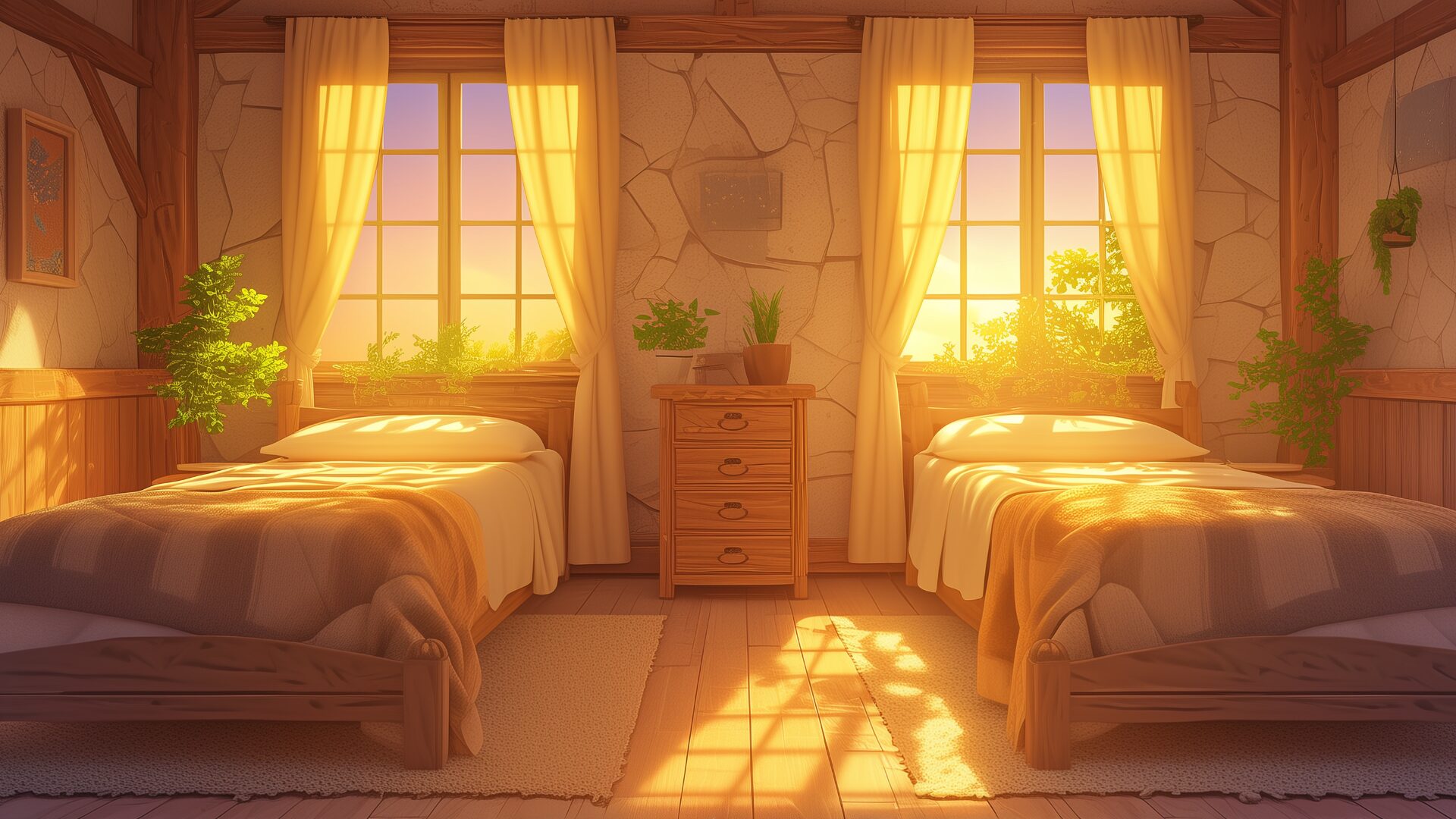 夕暮れに照らされる木造の二人部屋。ナチュラルな内装に観葉植物が溶け込み、リラックスした空気が漂う。温かみのある寮生活を描いたTRPGや学園物語の背景素材。