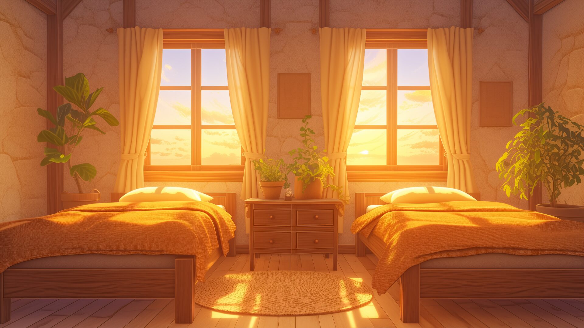日の傾く時間帯の光が満ちる自然派の二人部屋。観葉植物と木の家具が調和し、温かく落ち着いた雰囲気を醸し出す。魔法学園や穏やかな学寮生活を描くTRPGにおすすめの背景素材。