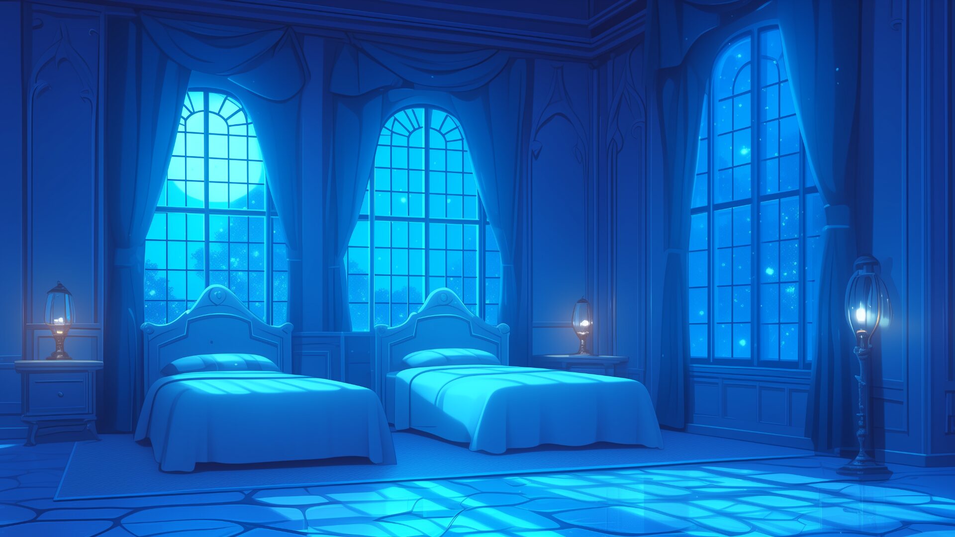 美しい窓から青く染まる夜景を望む、静かで落ち着いた寝室。異なるデザインのベッドが配置され、水属性らしい透明感が空間を包んでいる。深夜の作戦会議や密談シーンに使えるTRPG背景画像。