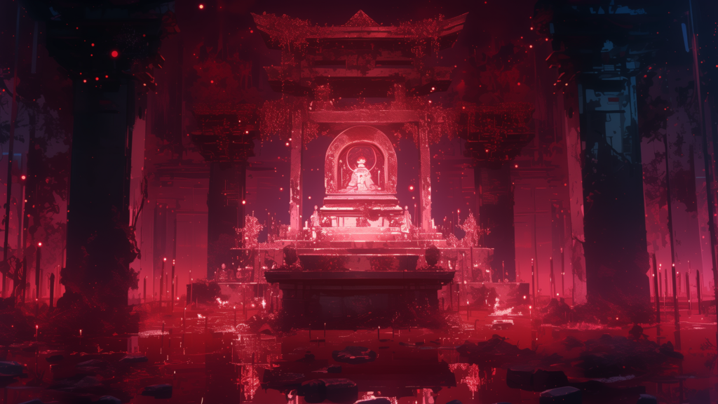 深紅の輝きに照らされた仏像のような像が、崩壊寸前の神殿に安置されている。祭壇の周囲には無数の蝋燭と崩れた装飾が広がり、不穏な雰囲気が支配している。神殿の呪いを扱うTRPGや、封印解除の場面などにぴったりの背景画像。