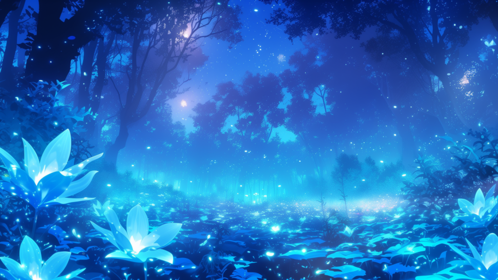 青白く輝く幻想的な花々が、静寂に包まれた森の中で咲き誇っている。 月明かりと無数の光粒が空間を満たし、夢の中のような風景が広がる。 神秘の森や異世界の聖域を描写したいTRPGシーンに最適な背景画像。