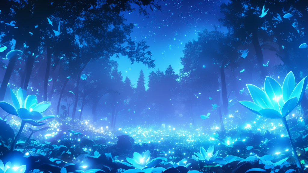夜空の下、光を放つ花々と蝶が幻想的な舞を描いている。 青く染まる花畑が星々と共鳴し、静かな魔力を感じさせる雰囲気が漂う。 精霊の森や魔法生物の出現シーンに合うフリーのTRPG背景素材。