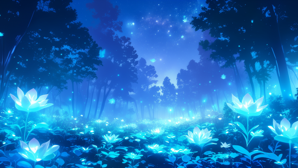 青い花々が星空の光を浴びながら一面に広がる幻想的な花畑。 頭上には星の海が広がり、空間全体が淡く輝く魔法の世界となっている。 異世界の夢幻領域や夜の儀式の舞台として活用できるTRPG背景画像。