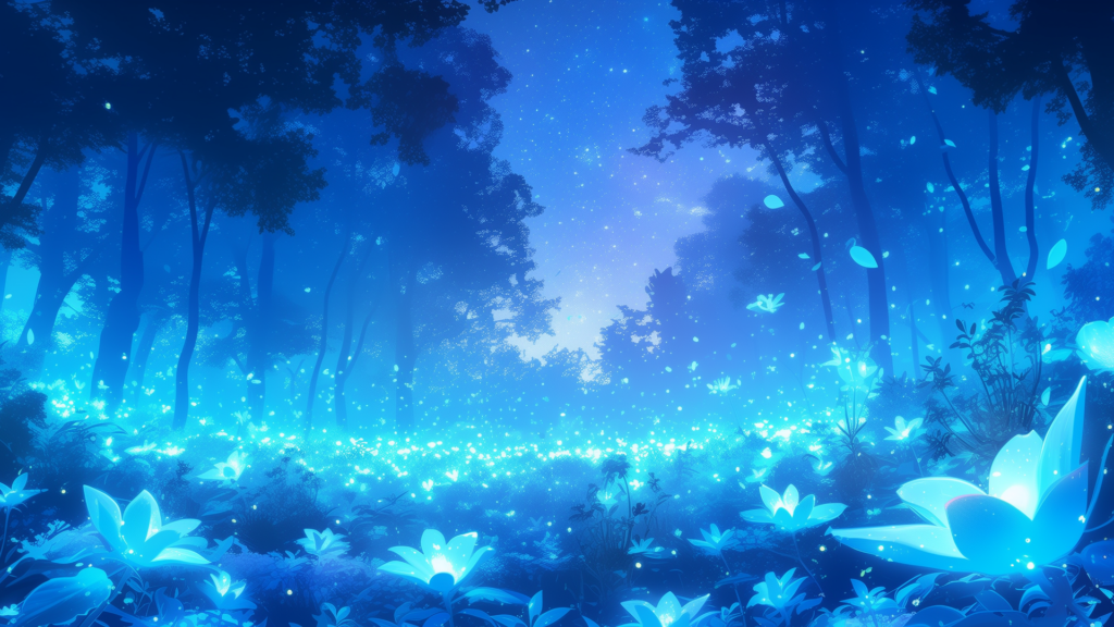 幻想的な花が光をまといながら、闇夜の森に静かに咲き続けている。 花弁のひかりと宙に舞う光が、時の流れを止めたかのような神秘を演出。 不思議な森の探索や封印されたエリアの表現に使える背景素材。
