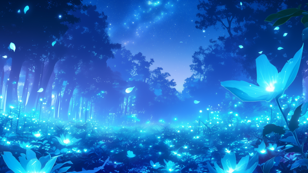 青白く光る大輪の花が、夜空の星と共鳴するように輝いている。 花びらが宙を舞い、幻想世界に迷い込んだような雰囲気を醸し出す。 星降る草原や精霊の祝福シーンを演出するTRPG向けの背景素材。