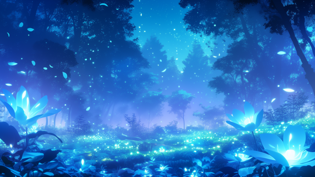星屑のような光が舞う中、青い花々が夜の森を照らしている。 静けさの中に神秘的な生命の気配が感じられる幻想的な光景。 古代の遺跡を守る森や魔法の泉を探索する場面にぴったりの背景画像。