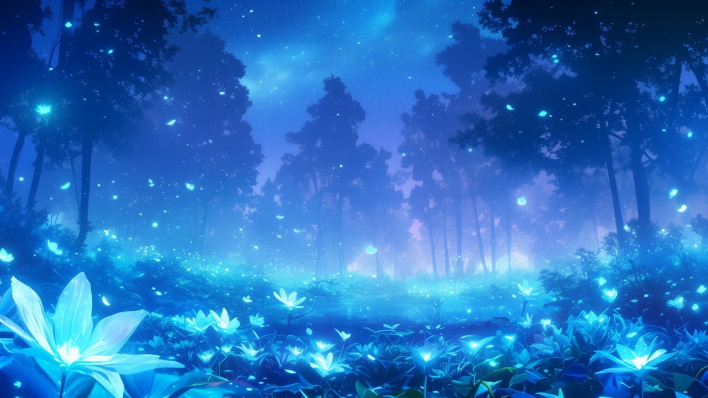 夜の静寂に包まれた森の中で、光を放つ花々が地を覆っている。 舞い落ちる花弁と煌めく空が調和し、夢のような情景を描き出している。 異世界の癒しの地や神聖な儀式の前景として映えるTRPG背景素材。