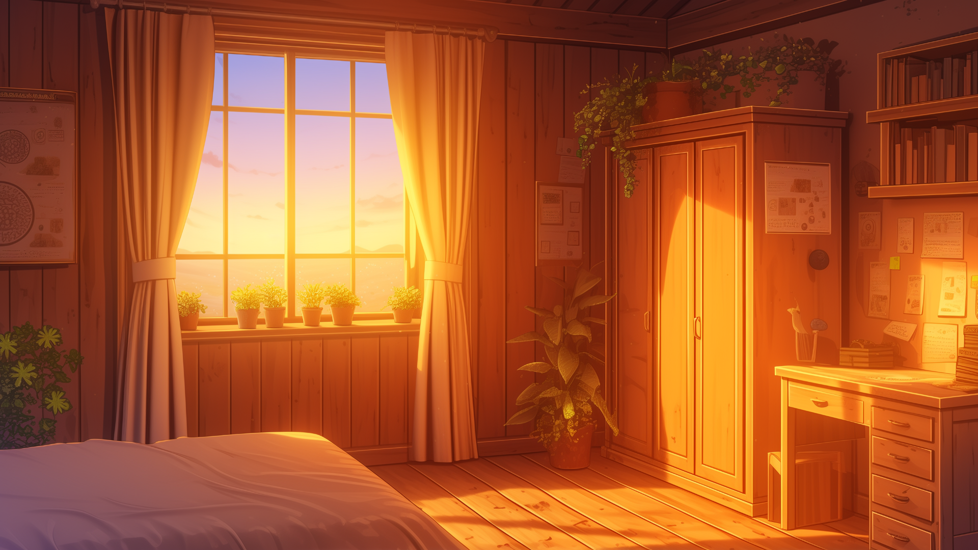 夕陽を受けて暖かく照らされた木造の部屋に、並んだ鉢植えがアクセントを添えている。家具やカーテンもナチュラルな色合いで統一されており、落ち着いた印象を与える。自然と調和した学生寮や、田舎の研究施設にぴったりの背景画像。