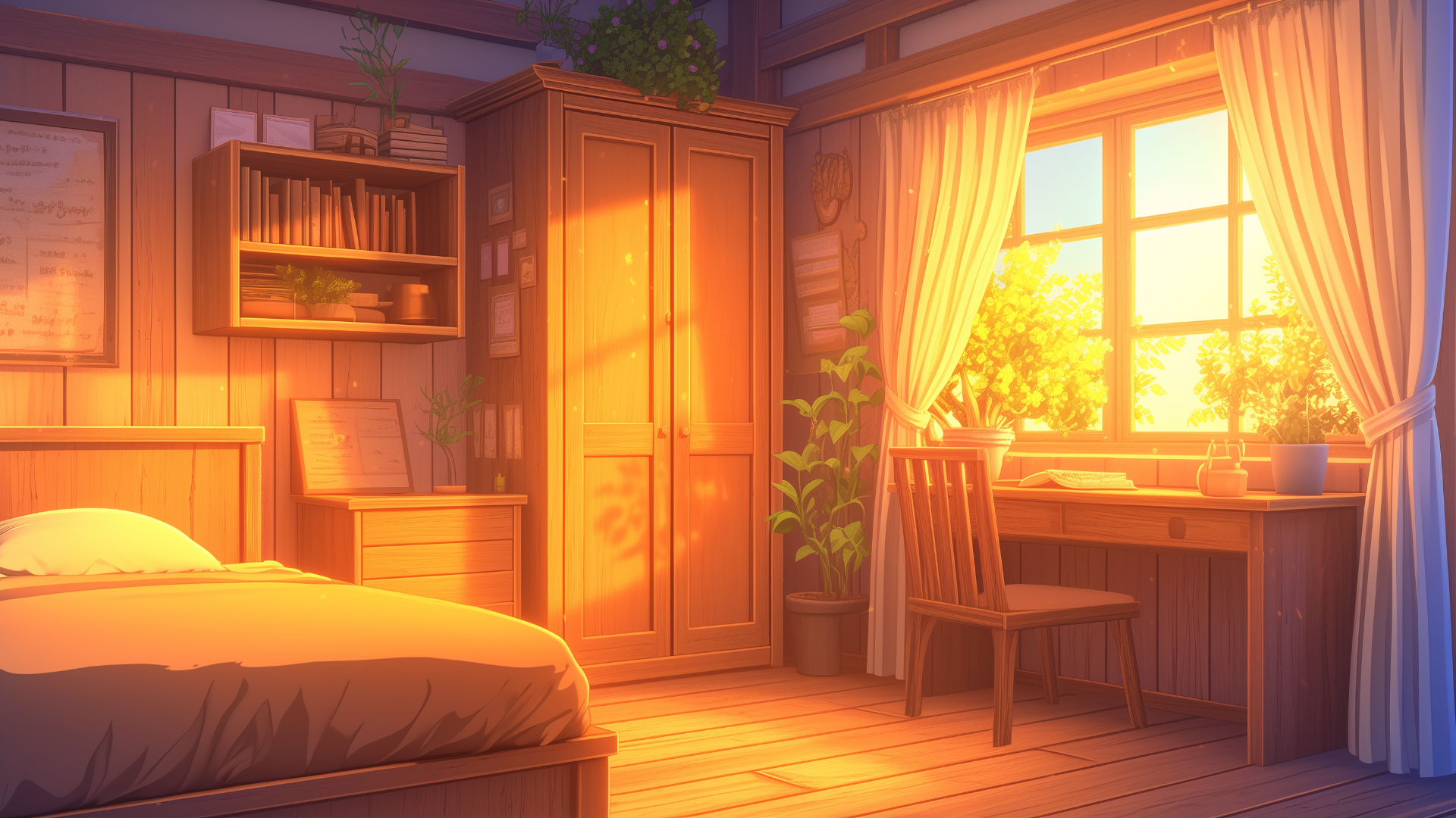 木の家具に囲まれたシンプルな寮の部屋に、夕暮れのオレンジ色の光が差し込んでいる。本棚や観葉植物が並ぶ空間から、静かな学び舎の雰囲気が漂う。落ち着いた学生生活や魔法学園のひとときを描く場面に適した背景画像。