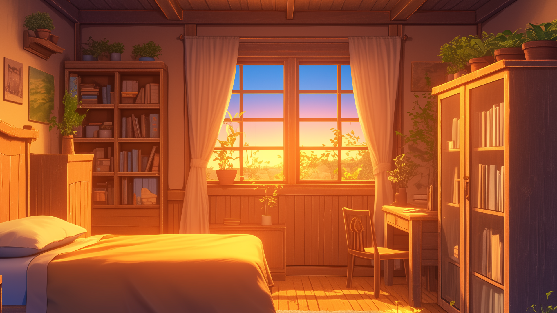 夕陽に染まる木目調の家具と白いカーテンが、あたたかみのある一人部屋を演出している。机や棚には植物が飾られ、静かな時間が流れている様子が伝わる。平穏な学園生活や自然系の学舎を舞台にしたシナリオに合う背景素材。