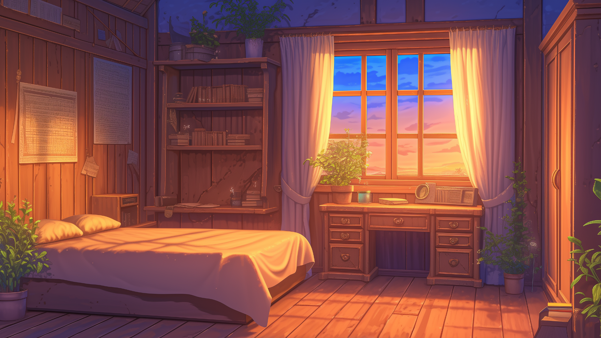 夕焼けに照らされた木造の部屋の窓から、美しい空のグラデーションが広がる。ベッドの近くには本棚があり、勉強道具や植物が静かに置かれている。山奥の寮や自然系の魔法学園を舞台にしたTRPGに活かせる背景画像。