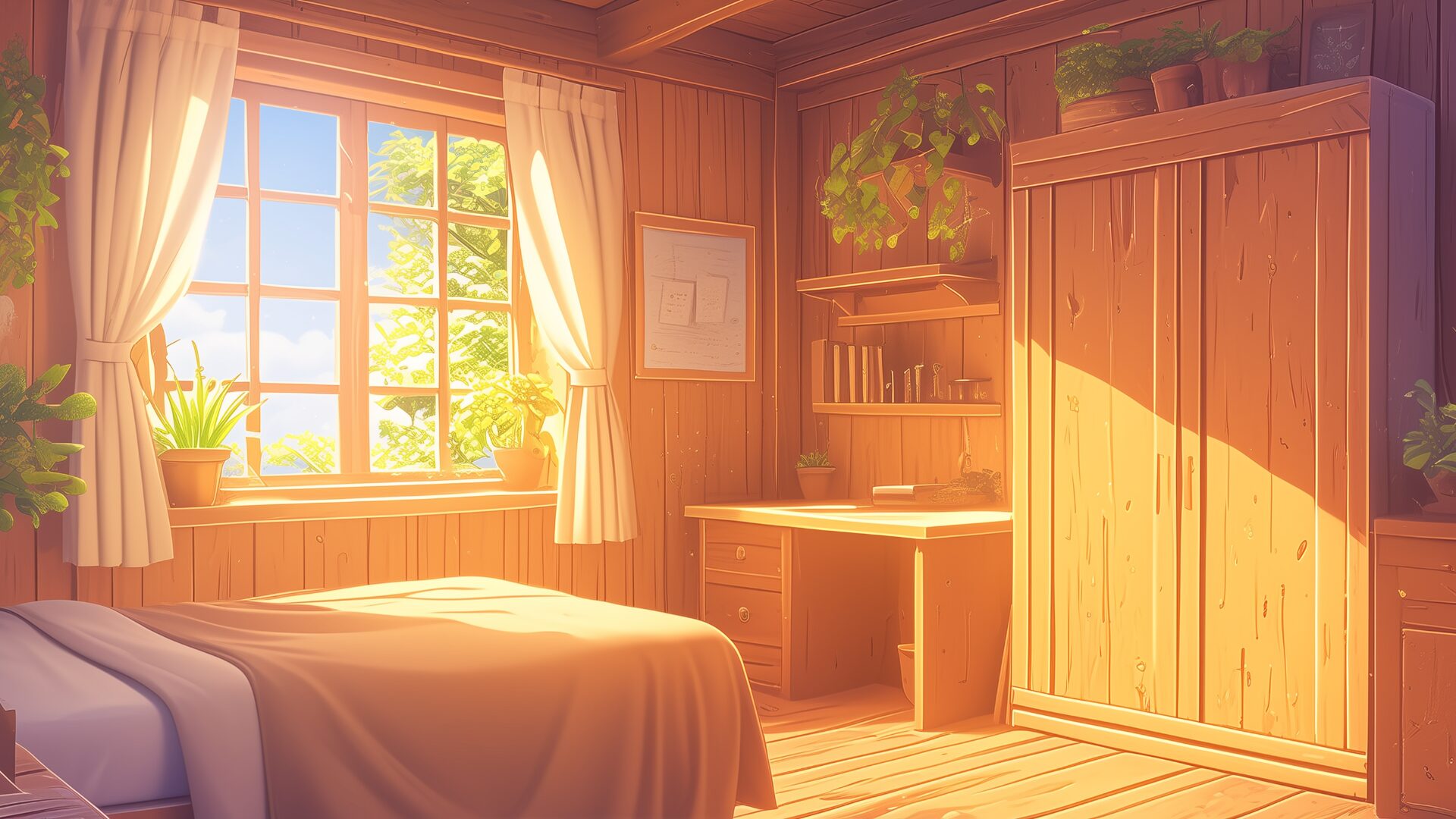 カーテンの向こうに広がる青空と山並みが印象的な木造の一人部屋。観葉植物や書類、道具が自然に並び、暮らしの気配が感じられる空間に仕上がっている。地方の魔法校の研究生や、植物使いのキャラクターに合う背景画像。