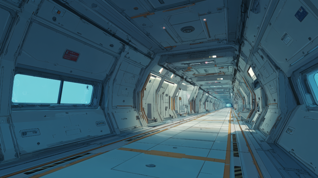 無機質な金属の壁に囲まれた宇宙船の通路が、静寂に包まれています。照明が床に反射し、冷たい未来的な雰囲気を演出しています。TRPGのSFシナリオや宇宙探査の舞台に使いやすいフリー背景素材です。