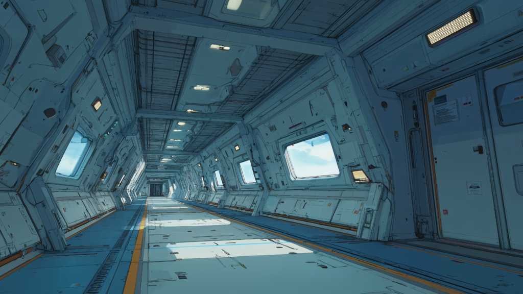 白とグレーを基調とした宇宙船の通路が、整然としたデザインで描かれています。無人の空間は未来的でありながら不安を感じさせます。TRPGのSF冒険や宇宙を舞台にした物語に役立つフリー背景素材です。