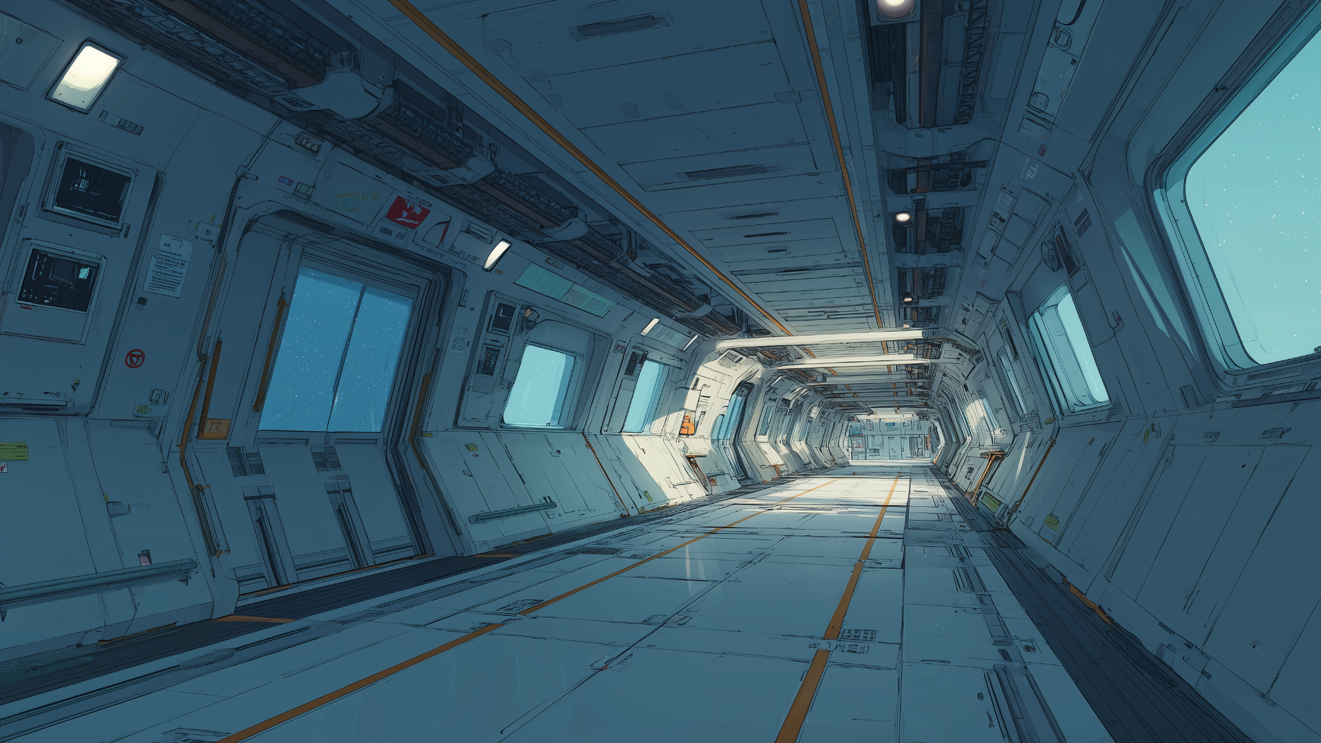広々とした宇宙船の通路が、整然としたラインで奥へと伸びています。照明の光が壁や床に反射し、冷たい雰囲気を作り出しています。TRPGの宇宙サバイバルや未知のテクノロジーを描くシーンに適した背景画像です。